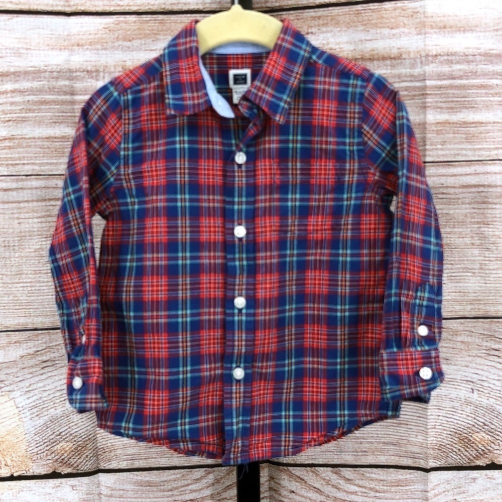 Janie and Jack Red and Blue Plaid Long Sleeve Button Down Shirt Size 18-24 M